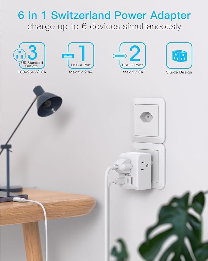 Switzerland Power Travel Plug Adapter, Type J Power Adapter with 2 Outlets 3 USB Ports(2 USB C) for US to Swiss Switzerland Liechtenstein Rwanda