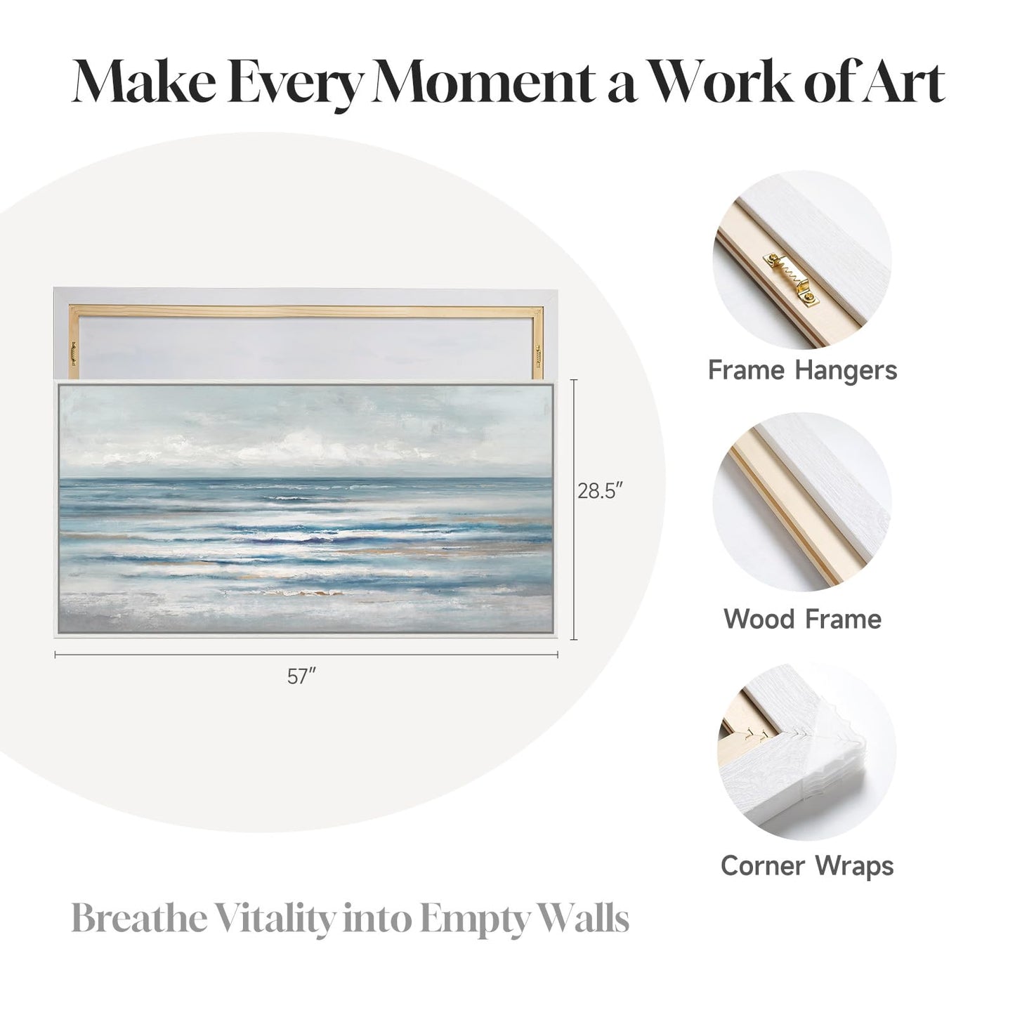 Large Framed Coastal Abstract Landscape Wall Art for Living Room, Horizontal Beach Wave Scenic Canvas Artwork for Walls, Ocean Seascape Picture Print for Dining Room Bedroom Office Wall Decor, 60x30 in