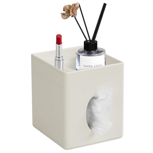 Cretkhp Tissue Box Cover, PU Leather Square Tissue Box Holder with Storage Tray for Bathroom Vanity Countertop Night Stands Bedroom Office Desk, Stylish Tissue Holder Decorative Organizer (Cream)