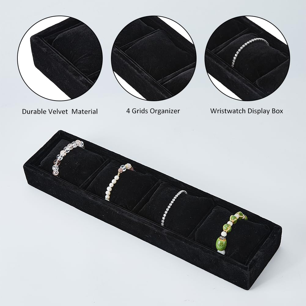 DICOSMETIC 4 Grids Watch Jewelry Organizer Tray 3.27x13.43x1.88 Inch Velvet Watch Display Jewelry Trays Rectangle with Pillows Watch Bangle Organizer Tray for Bracelet Watches Display Holder, Black