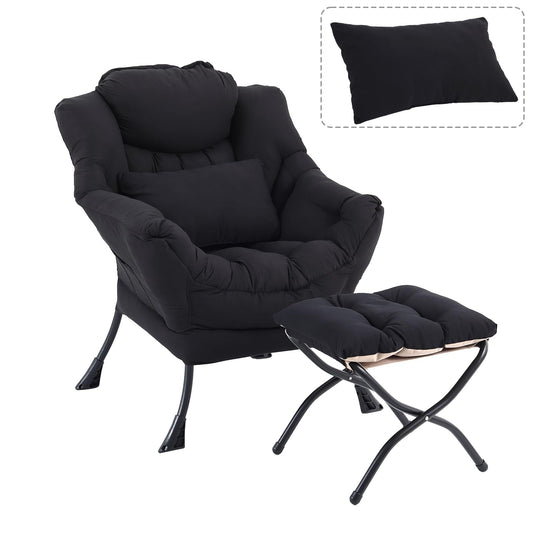DreamNook Lazy Chair with Ottoman, Modern Accent Chair with Lumbar Pillow, Black Sofa, Armchairs with Folding Footrest, Oversized Supportive Chairs for Bedroom, Reading