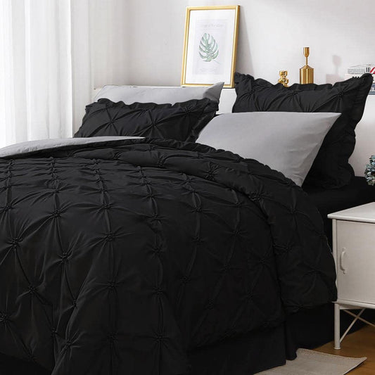 JOLLYVOGUE Queen Comforter Set 7 Pieces, Black/Gray Bedding Comforter Sets with Comforter, Sheets,Ruffled Shams & Pillowcases