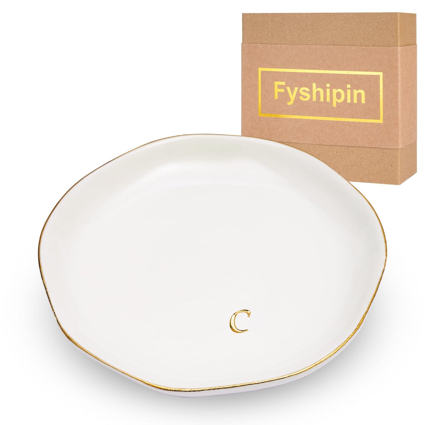 Fyshipin Ceramic Jewelry Tray,Decorative Trinket Dish for Room Decor,Birthday Valentine's Day Mother's Day Graduation Christmas Personalized Gift for Women, 4.75", Gold Rim,Engraved Initial c