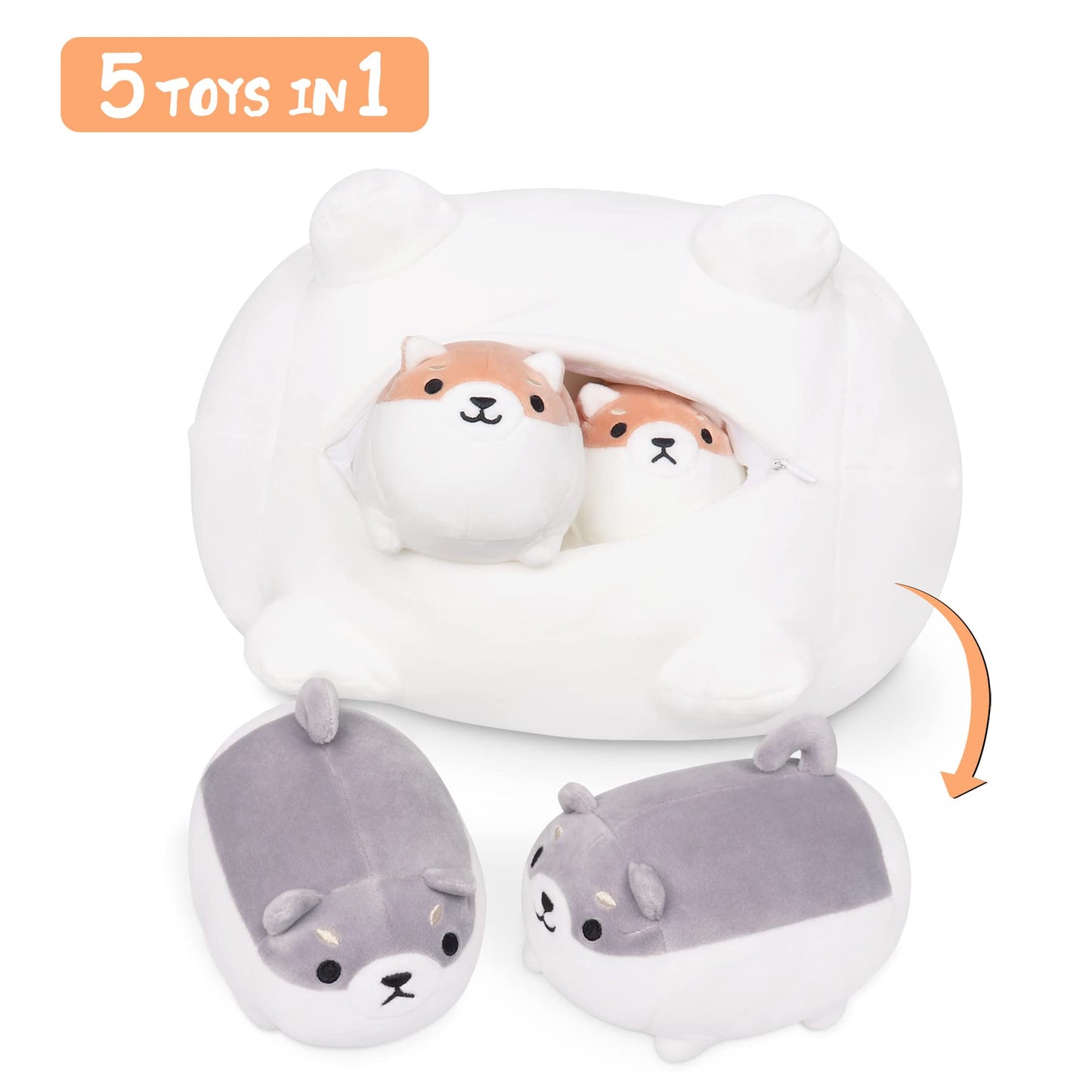 Shiba Inu Plush, 5 PCS Shiba Inu Stuffed Animal Family, 16" Corgi Plushie Cute Soft Plushies Pillow Toy Anime Kawaii Plush Soft Corgi Pillow,Dog Mommy with 4 Puppies Toy Gifts for Boys Girls