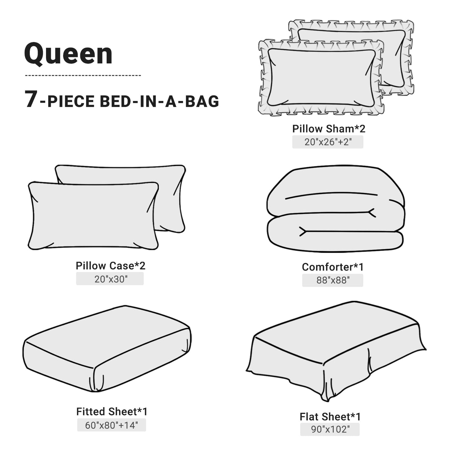 JOLLYVOGUE Queen Comforter Set 7 Pieces, Black/Gray Bedding Comforter Sets with Comforter, Sheets,Ruffled Shams & Pillowcases