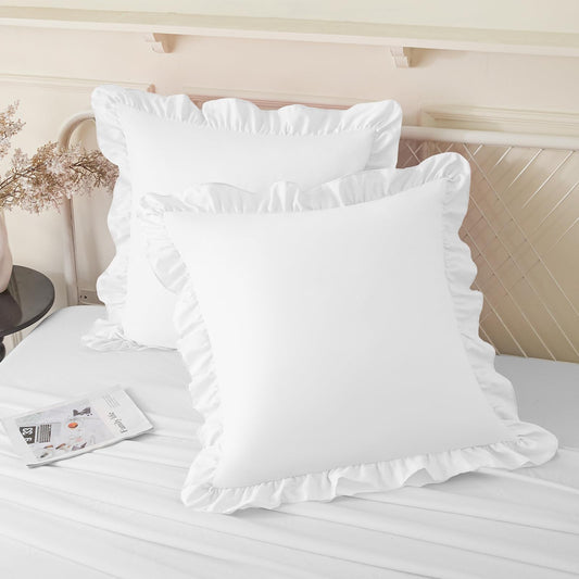 KKJIAF Ruffle Pillow Cases 24x24 Inches, White Square Ruffled Pillow Covers Set of 2, Microfiber Wrinkle Resistant Pillow Shams with Envelope Closure for Sofa Bed Living Room