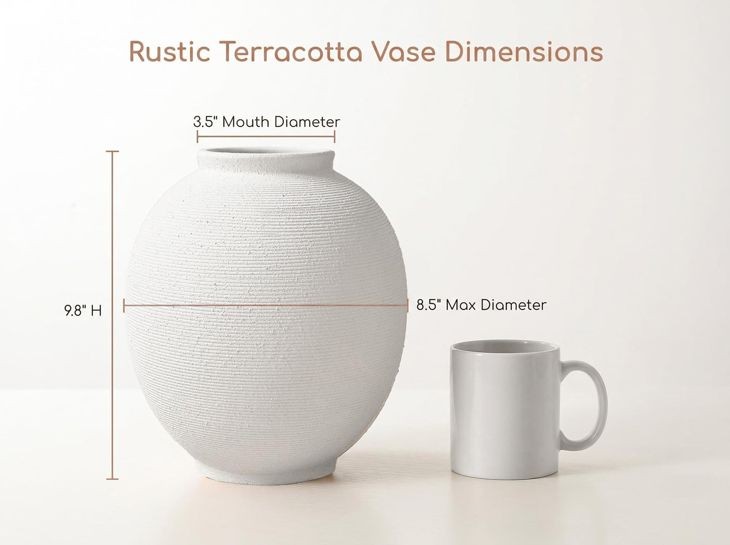 White Ceramic Vase, 9.8" Large, Round, Sandstone White