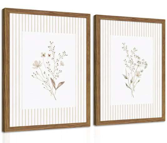 Neutral Wildflower Wall Art Set of 2, Vintage Flower Botanical Wall Decor Painting, Rustic Cottagecore Striped Floral Prints Pictures for Living Room Bedroom 12x16 Inch Framed