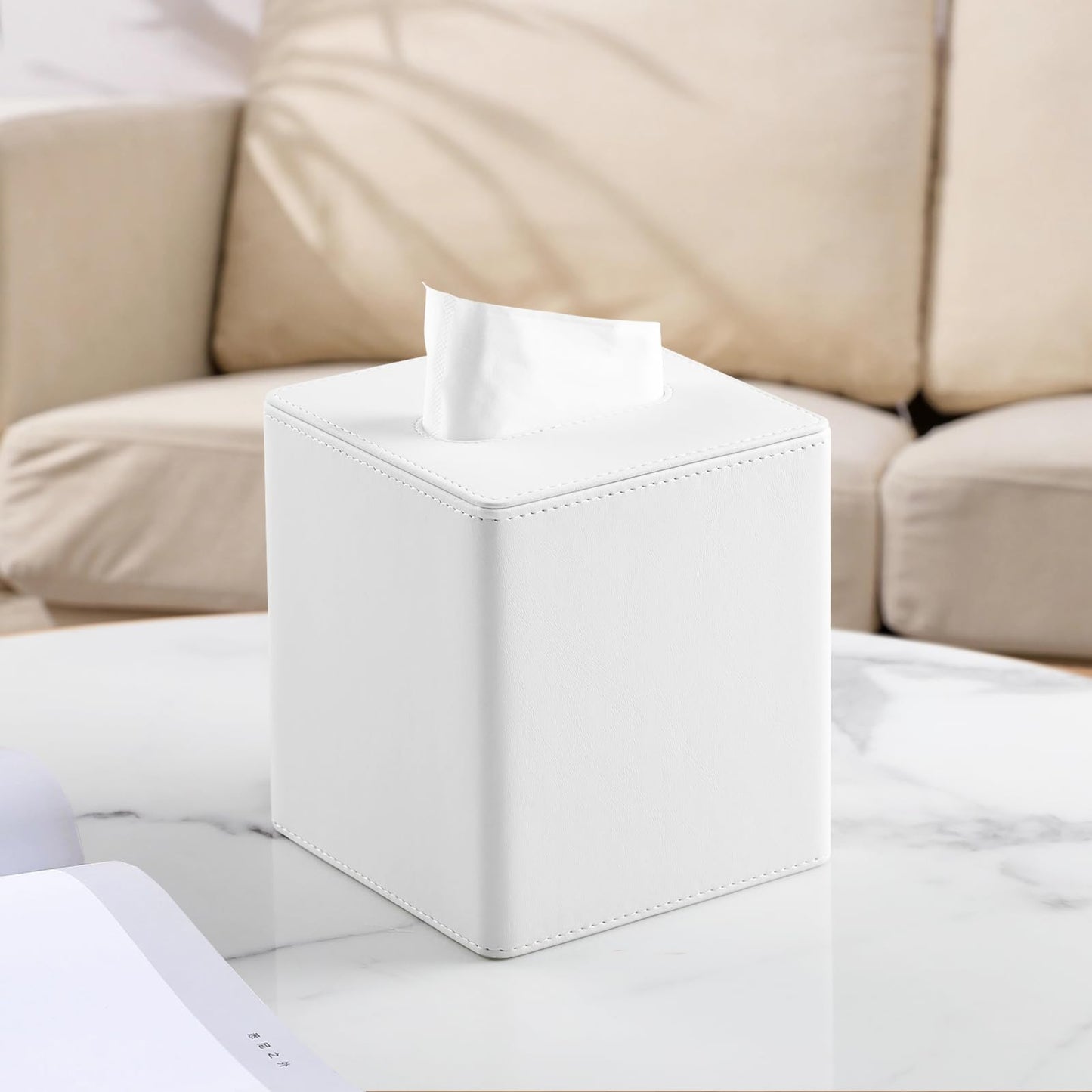 MEIBOOCH PU Leather Tissue Box Cover Square Tissue Box Holder with Magnetic Closure (Cream-White)