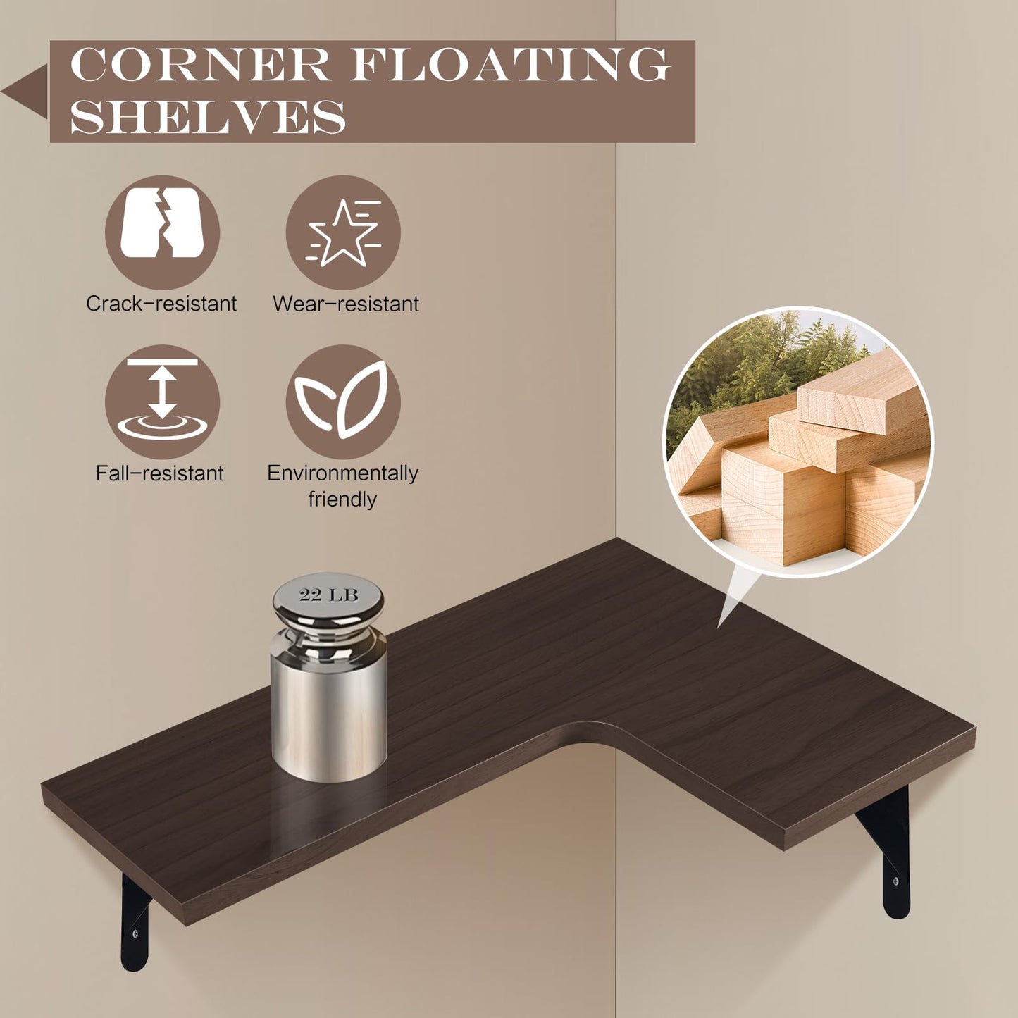 PUREZON Corner Floating Shelves Set of 4,Corner Wall Shelves,Rustic Wood Wall Mounted Shelf for Home Decor, Living Room, Bedroom, Kitchen, Bathroom,Office(Brown,15.9 x 11.4 inch)