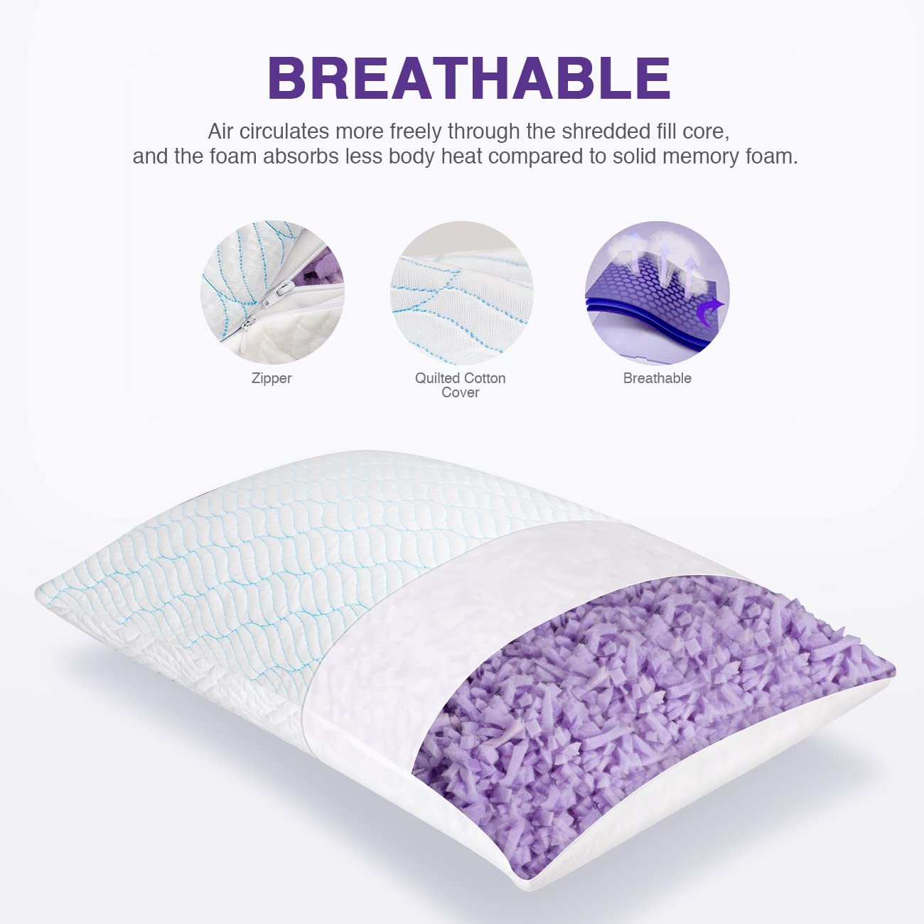 WISHSMILE Queen Size Shredded Memory Foam Pillows, Cooling Pillow Set of 2, Adjustable Height Firm Support, Double-Sided Ice Silk & Polyester Cover, Washable Bed Pillows for Adults, 20×30 Inch