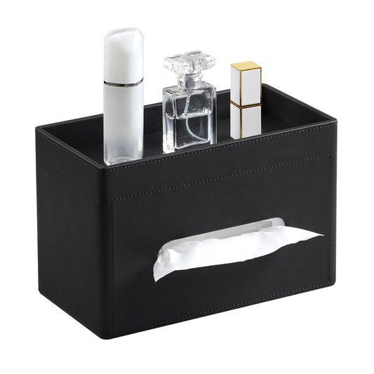 MEIBOOCH Plus Size Tissue Box Cover Rectangle, PU Leather Tissue Box Holder with Storage Tray, Decorative Organizer Tissue Holder for Bathroom, Bedroom Dresser, Night Stand, Office (Black)