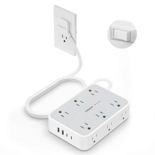 TESSAN Surge Protector Power Strip, 10FT Flat Extension Cord with Multiple Outlets, 12 Outlet Extender with 4 USB (2 USB-C), Flat Plug Power Strip, 1800J Surge Protection, Office, Dorm Essentials