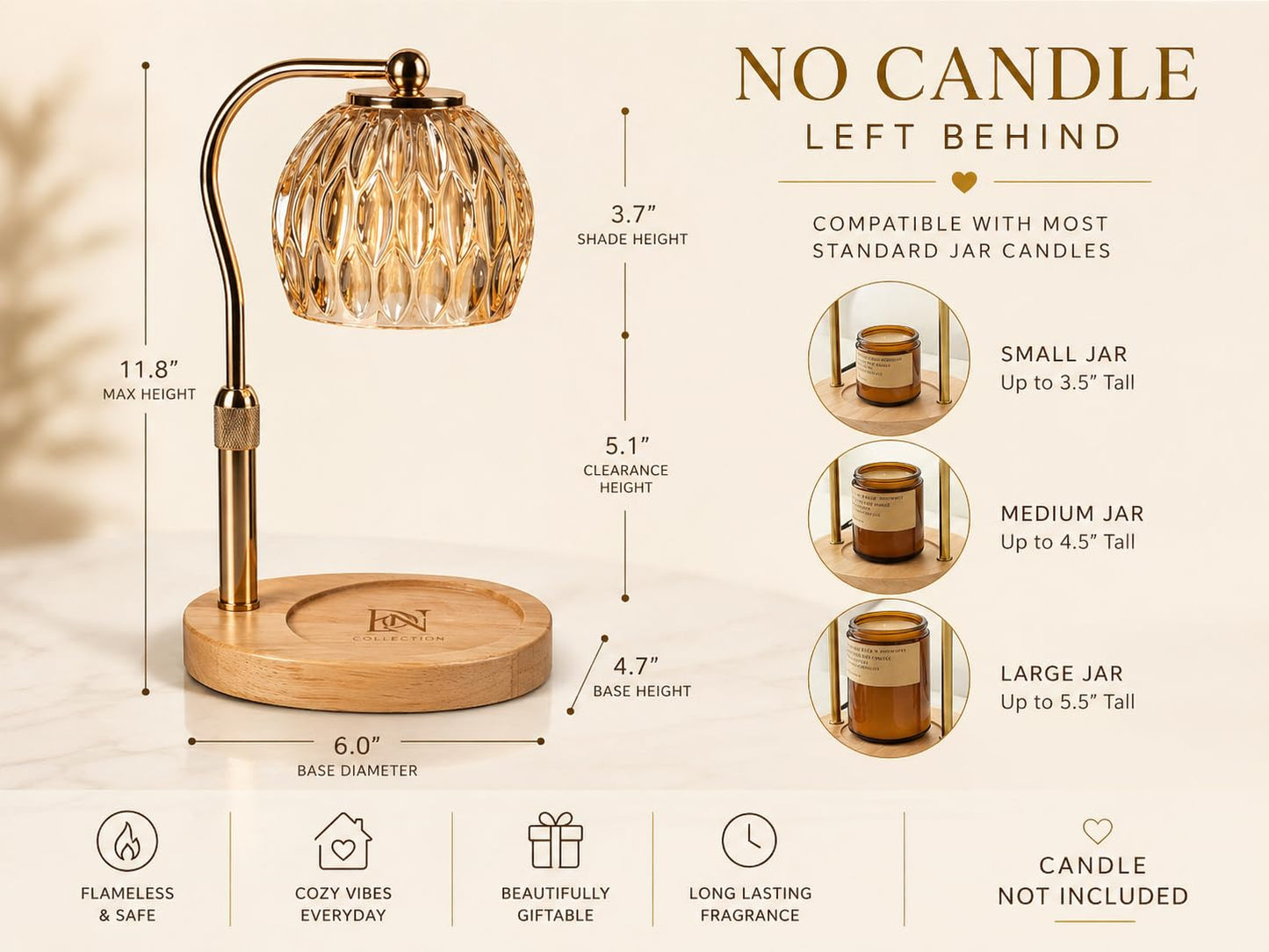 DN Collection Candle Warmer Lamp with Timer & Dimmer, Adjustable Height, Wax Melt Warmer for Jar Candles, Crystal Glass Shade, Wooden Base, Gold, Home Decor Gift