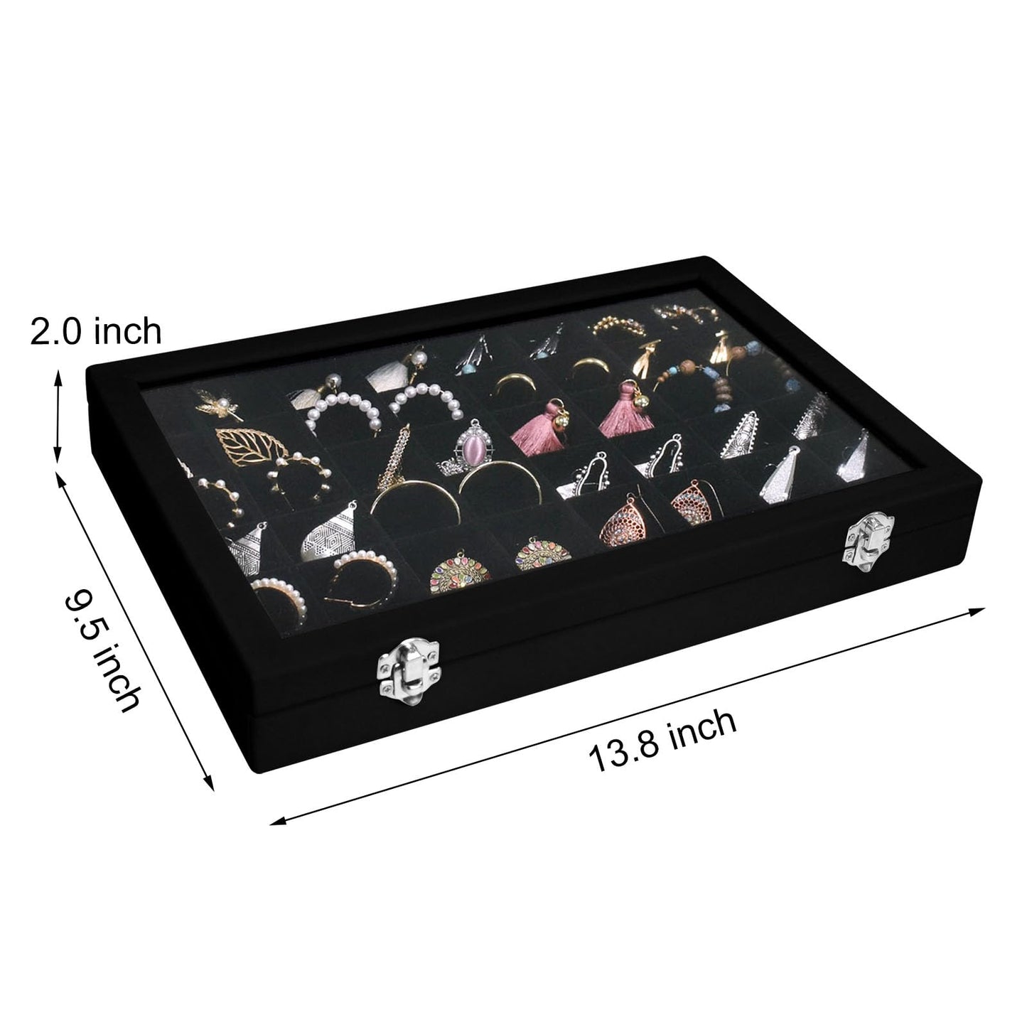 Siveit Velvet Jewelry Tray 48 Grid Jewelry Display Tray Organizer Box with Transparent Lid Rings Earrings Necklaces Pendants Display Box Suitable for Women and Girls (Black)