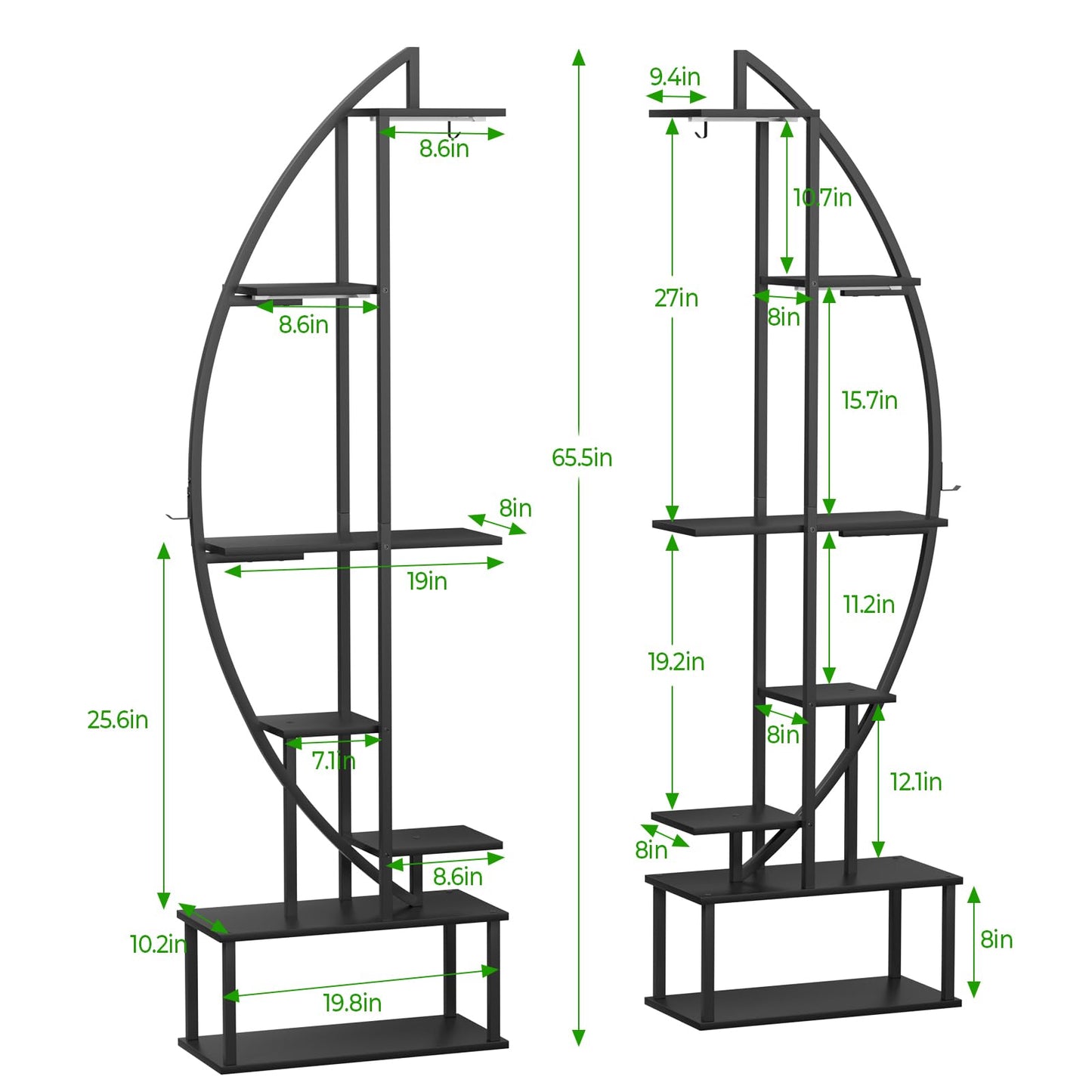BLAZPATH Plant Stand Shelf Indoor with 6 Grow Light, 7 Tiered 65" Tall Black Large Half Moon Lighted Plant Rack Holder, 2 Pack Big High Circular Arch Multi Herb Stand with Built in LED Grow Light Set