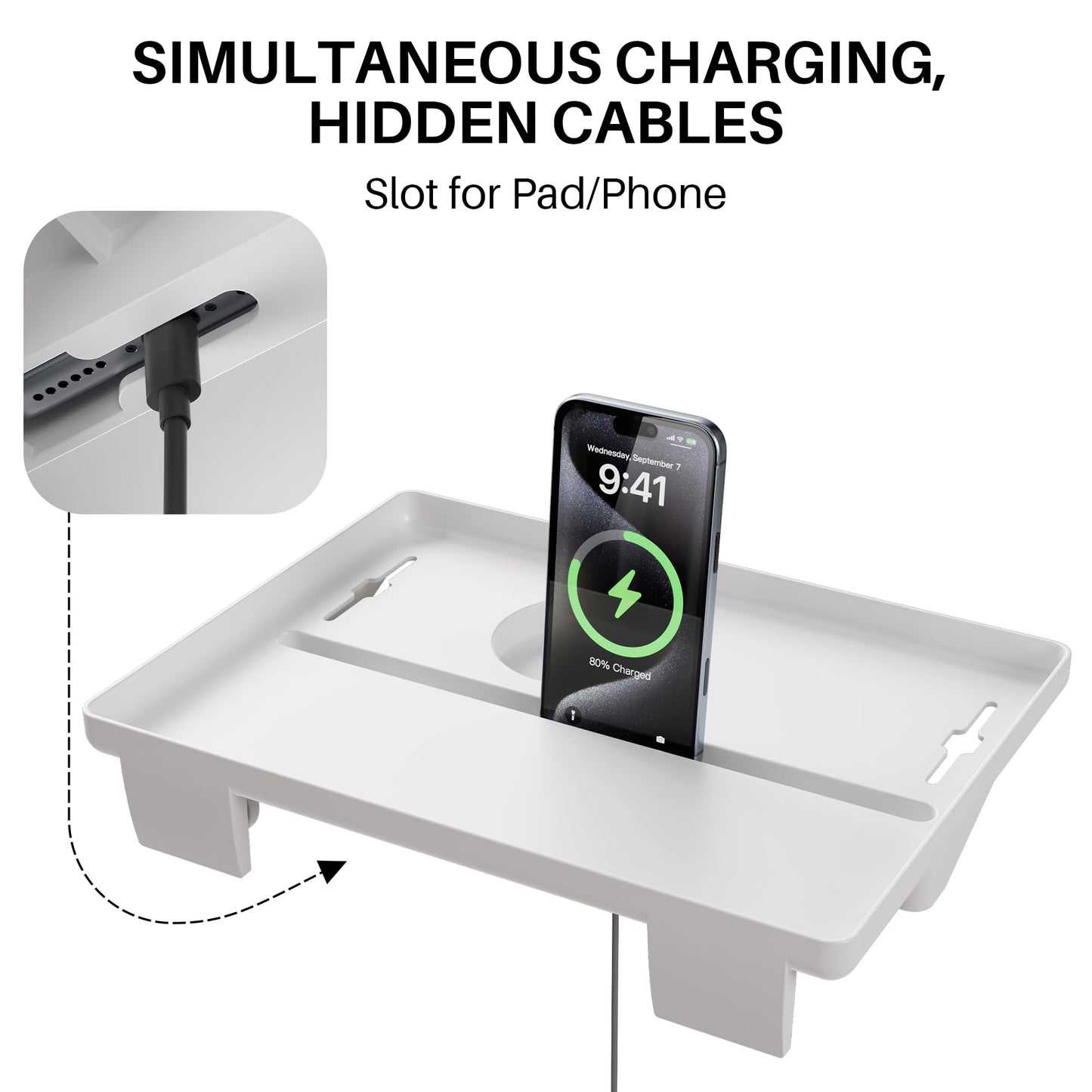 JOYMOOP Clip-On Bedside Shelf for Bunk Beds, Dorm Room Essentials, Bedside Caddy, No-Tool Install Bed Side Table Storage for Loft, Platform Beds, Nightstand Caddy for Phone, Glasses, Book (White)