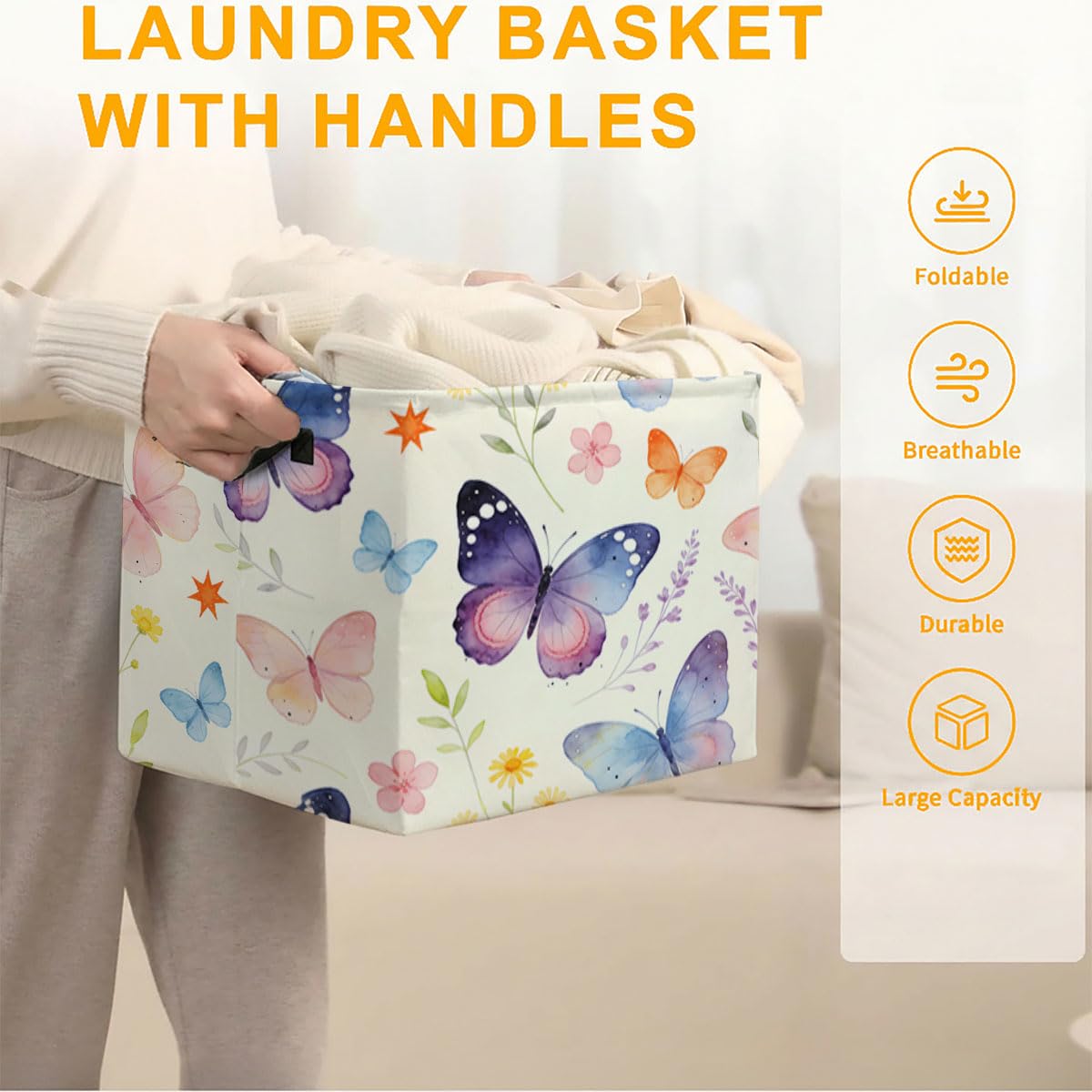 Fancy Butterfly Laundry Hamper 56L Large Laundry Basket with Handles, Foldable Clothes Hamper for Bedroom Bathroom, Decorative Toy Storage Bin, Home Decor Organizer for Blankets, Towels & Toys.