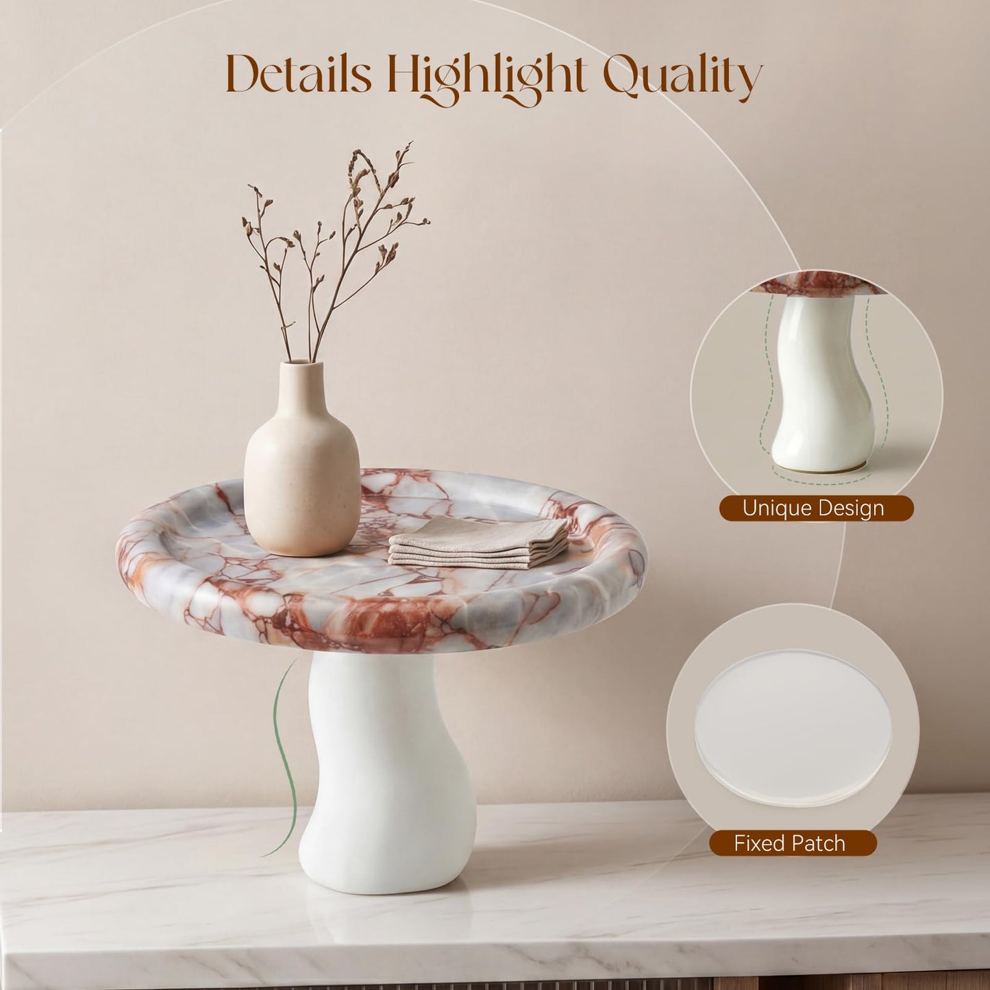 SAMAH Natural Marble Tray, Art Fruit Bowl for Kitchen Counter, Living Room, Vanity, Coffee Table Decor, Mushroom Jewelry Tray for Trinket, Perfume, Key, Housewarming Gifts New Home (Calacatta Red)
