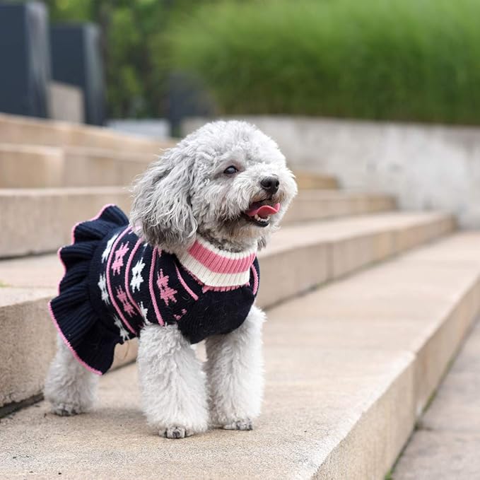 KYEESE Dog Sweater Fall Winter Dog Clothes Warm Pet Coats Pullover for Girl Pet Sweater Dress with Leash Hole Turtleneck with Classic Snowflake Pattern for Small Dogs, Girl Navyblue, Small