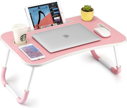 FISYOD Foldable Laptop Table, Portable Lap Desk Bed Table Tray, Laptop Stand with Cup Holder & Tablet Slot & Lifting Handle for Working Writing Drawing & Eating (Light Pink)