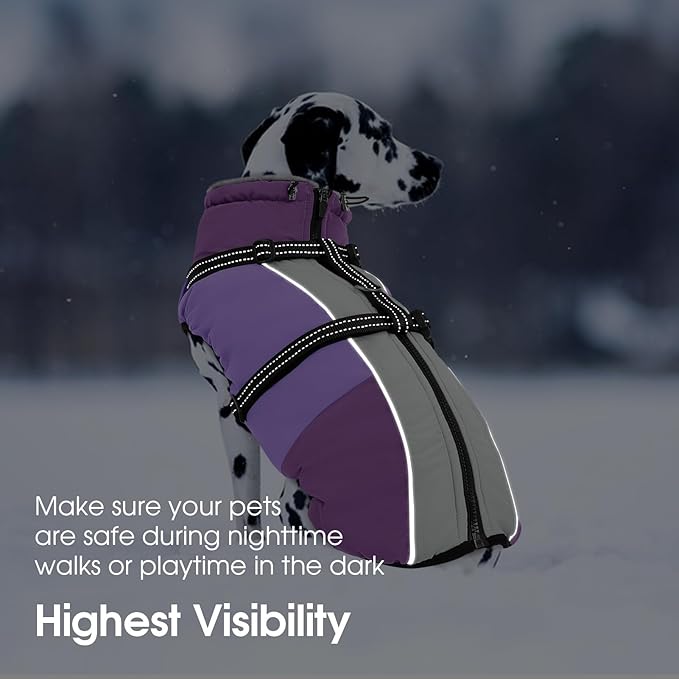SUNFURA Small Dog Coat with Harness Built-in, Warm Dog Jacket with Zip, Reflective Winter Coat Pet Sweater Clothes for Small Dogs Schnauzer, Yorkshire Terrier, Shih Tzu, Purple S