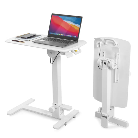 Mount-It! Foldable Overbed Table with Wheels – Height Adjustable Rolling Bedside Table, No Assembly Required, Ultra-Low Profile Base Fits Under Beds & Sofas, for Home and Hospital Use