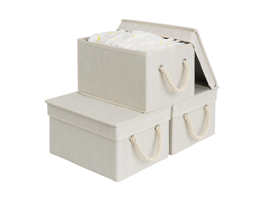 StorageWorks Storage Bins with Lids, Decorative Storage Boxes with Soft Rope Handles, Foldable Stackable Storage Baskets for Closet, Shelves, 3-Pack, Ivory and White, Medium