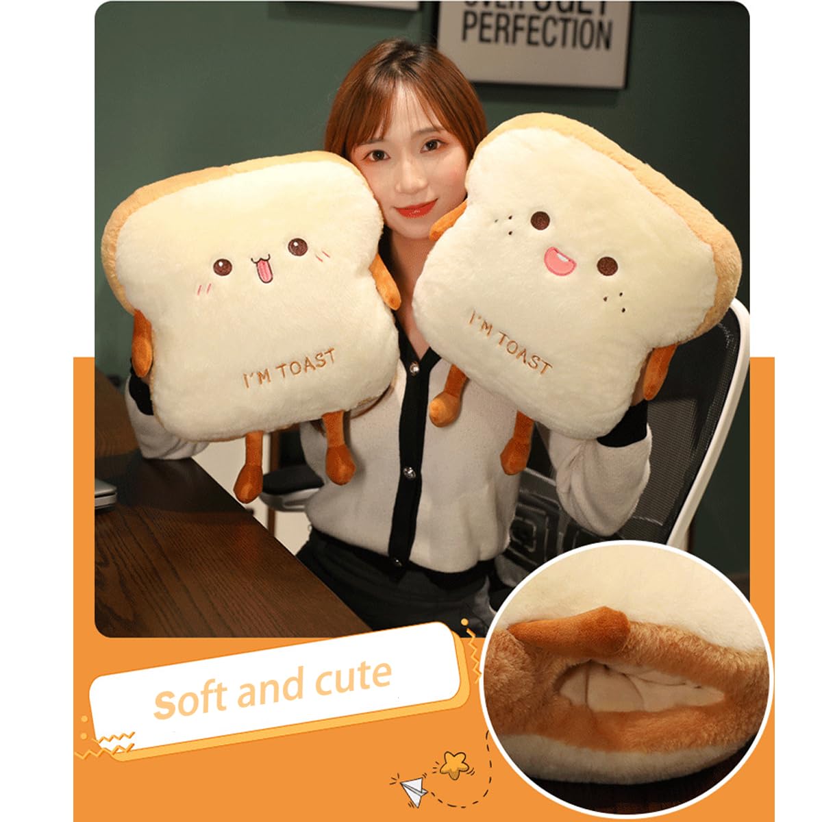 Goylmc Toast Bread Plush Pillow, Bread Stuffed Pillow,Food Plush Pillow with Hand Pocket Great Gift Choice for Kids Adults (15.7 * 13.7 in,Cute)