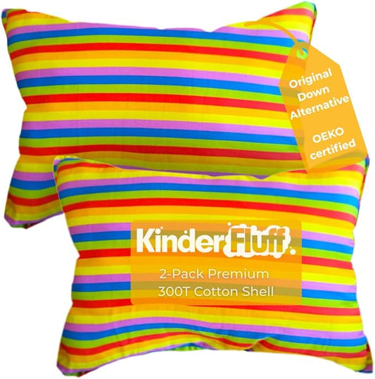 kinder Fluff Pre-Teen Pillow (2Pack) 17x26in - Pillows for Kids Age 12+, 100% Cotton Sateen Stripes 300T, Down Alternative Fill, Machine Washable - Children, Decor & Travel Cushion - Rainbow - XL