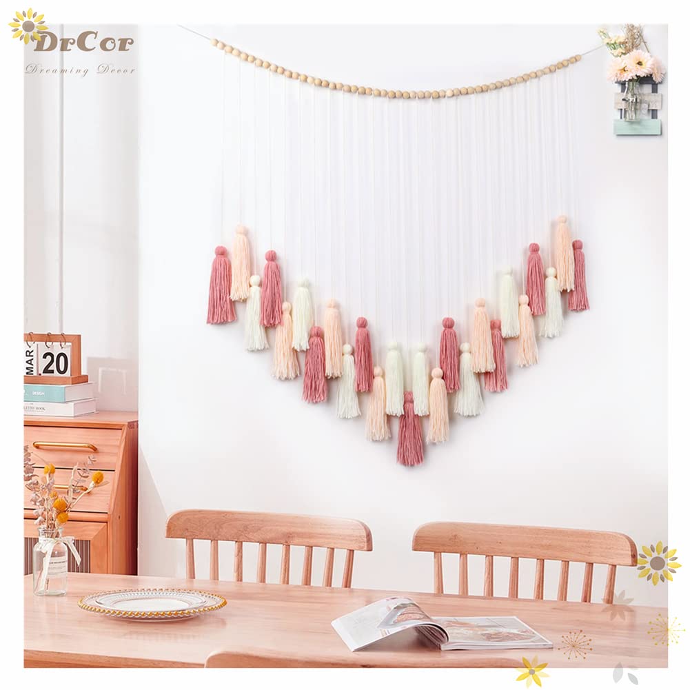 DrCor Blush Pink Macrame Wall Hanging – Boho Tassel Wall Decor for Nursery, Girls Bedroom, Dorm Room, Baby Shower, Classroom Reading Corner, Wedding Backdrop & Cozy Home Decor
