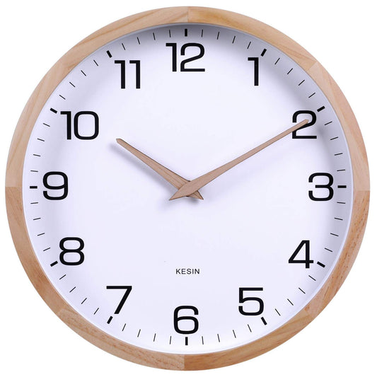 Kesin 12 Inches Wooden Round Silent Wall Clock White Wood Wall Clocks Analog Digital Battery Operated Non Ticking for Living Room Kitchen Bedroom Office Vintage Home Decor