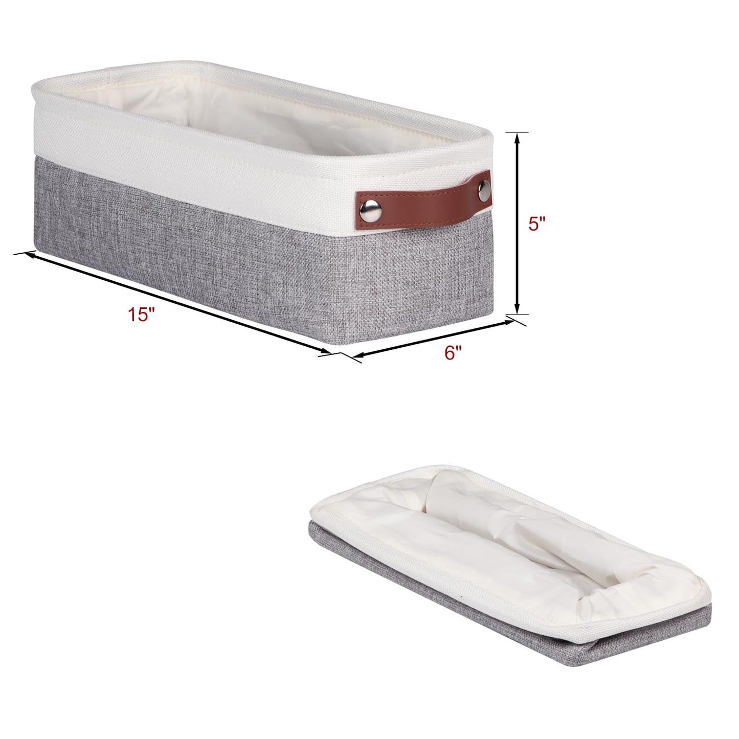 Univivi 4PC Small Fabric Storage Bins,15x6x5 inch Long Narrow Storage Baskets with PU Handles for Closet,Cabinet,Countertop Organizing Small Items (Gray,15x6x5 inch)
