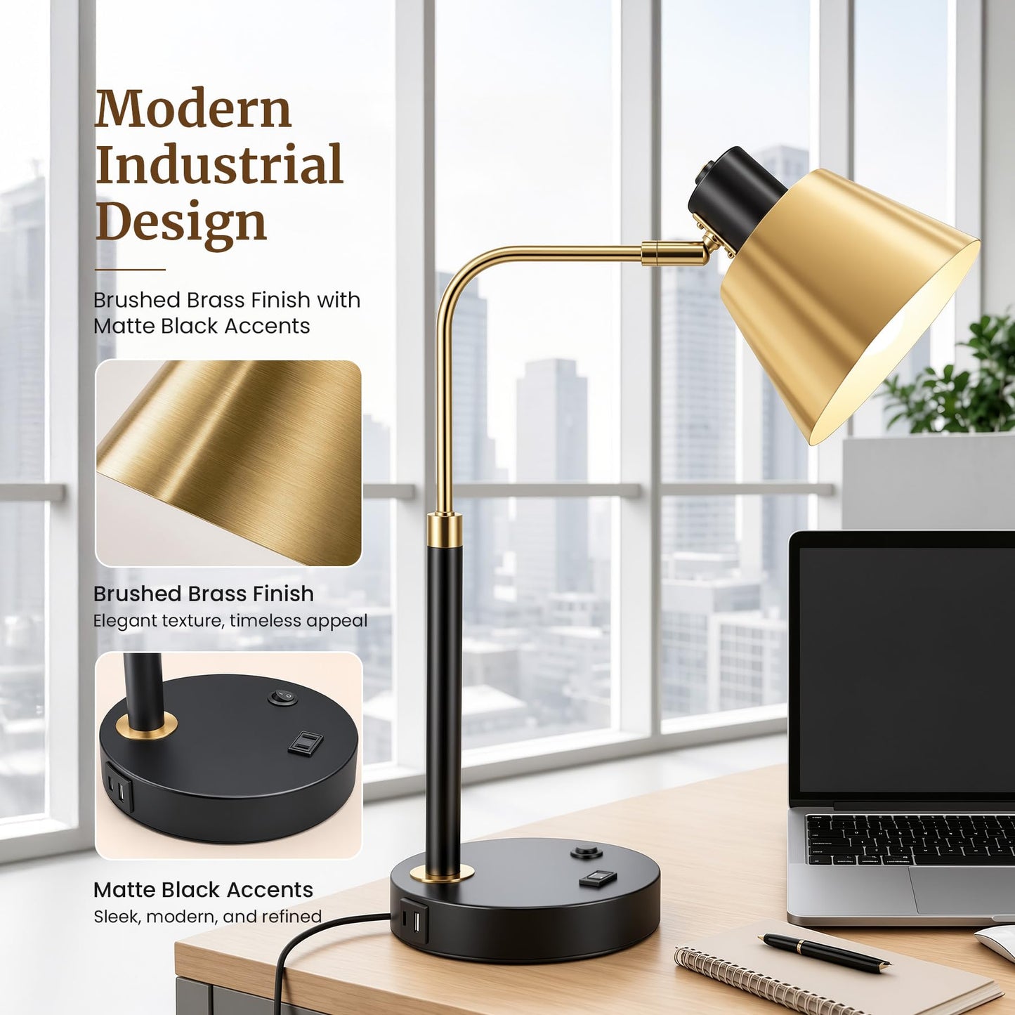 TimberAura Desk Lamp with USB-C, USB-A and AC Outlet, Adjustable E26 Table Lamp for Home Office and Bedside Reading, Matte Black and Brushed Brass-Look, Bulb Not Included