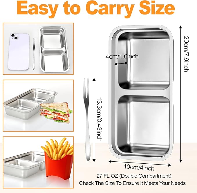 vovoyager Stainless Steel Snack Containers with Lids, Reusable Bento Lunch Container Box, Food Storage, Leak Proof, Dishwasher-Safe, Grab and Go for Work, 2 Pack-Double Compartment