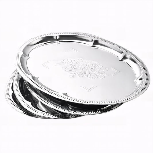 4-Pack 15.7" x 11.8" Silver Serving Trays for Party Set - Oval Floral Engraved Serving Platters, Wedding Birthday Mirror Tray for Summer BBQ, Food, Appetizer, Charcuterie, Cookies, Desserts