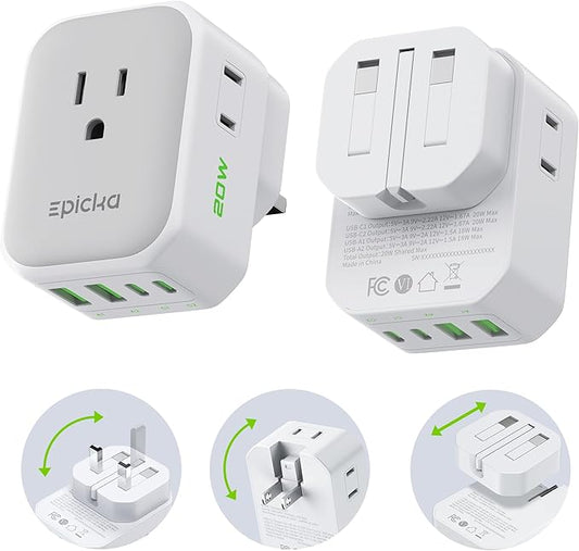EPICKA Hybrid Travel Plug Adapter, 2 Packs Foldable & Detachable Type G (UK) VisaPlug, 8-in-1 International Power Adapter with 4 USB Ports (2 USB-C PD 20W), Travel Essentials for US to England