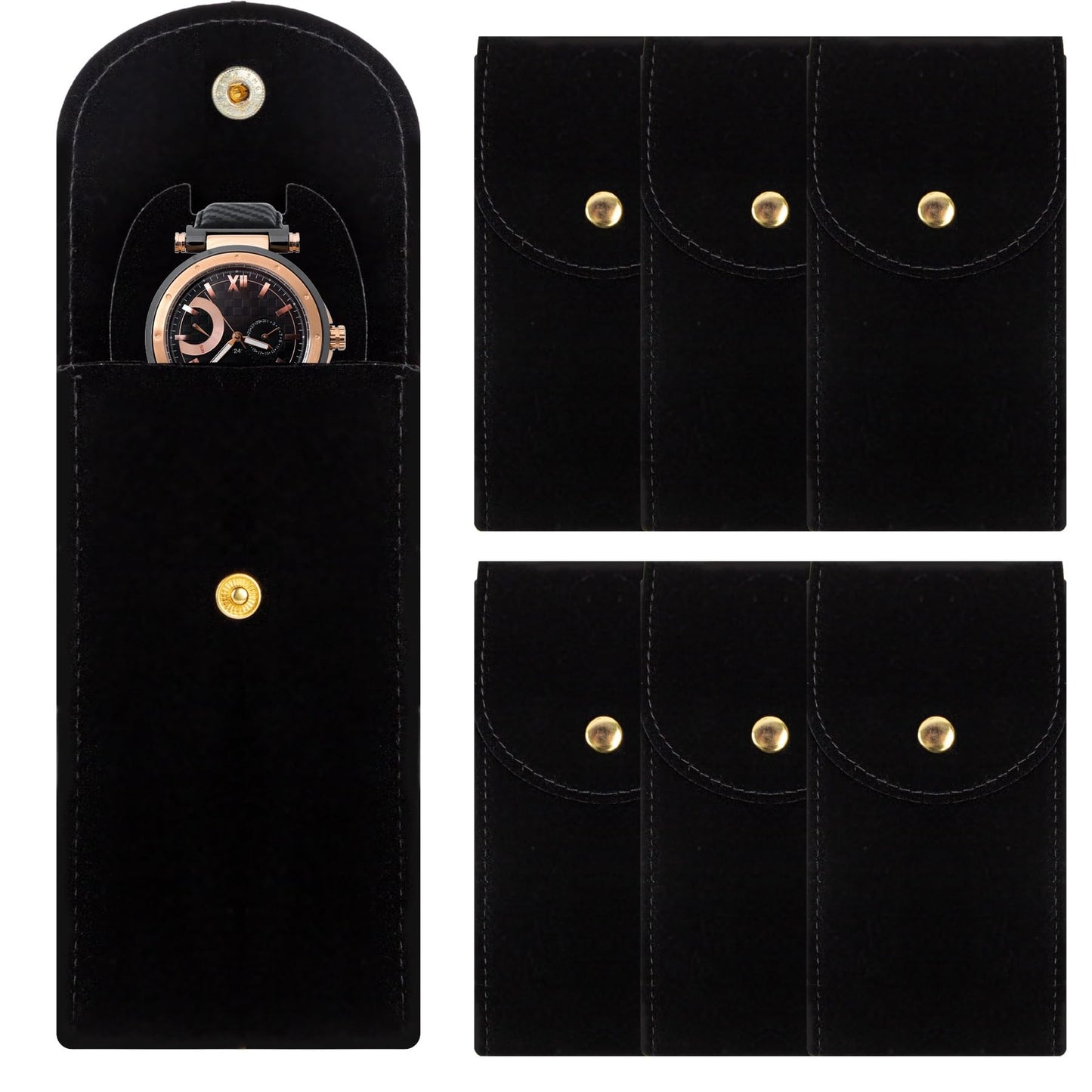 Framendino, 6 Pack Velvet Watch Pouch Portable Travel Case for Men Women Storage Bag Organizer Protective Box Black