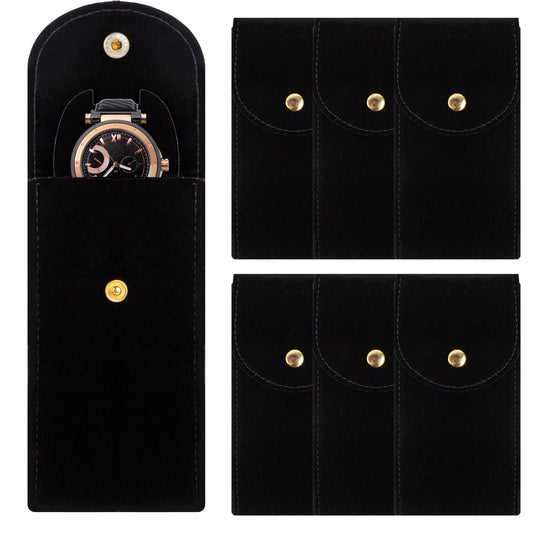 Framendino, 6 Pack Velvet Watch Pouch Portable Travel Case for Men Women Storage Bag Organizer Protective Box Black