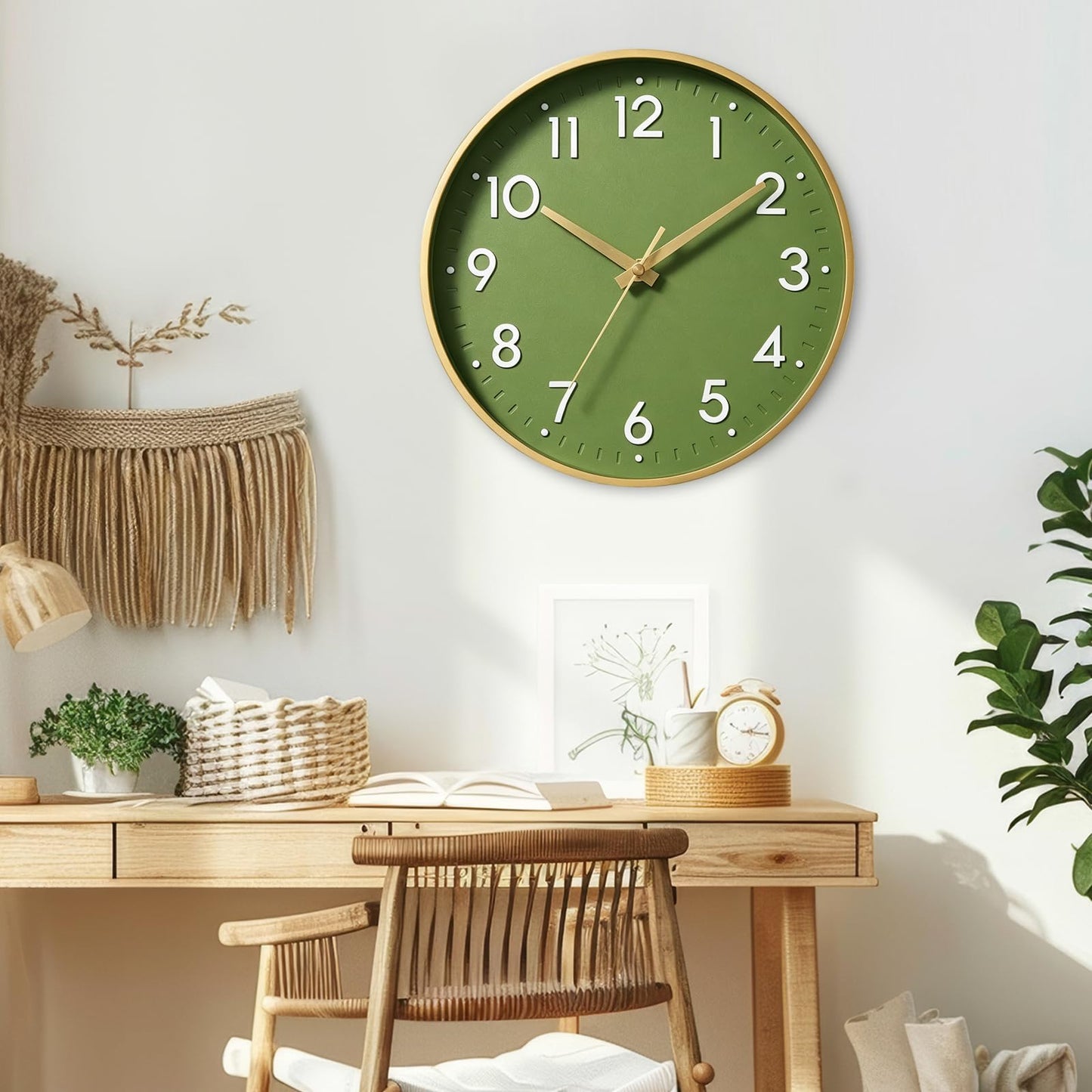 Mosewa Wall Clock 14 Inch, Battery Operated Non-Ticking Modern Analog Clock Decorative for Kitchen, Bedroom, Office, Home(Olive Green and Gold)