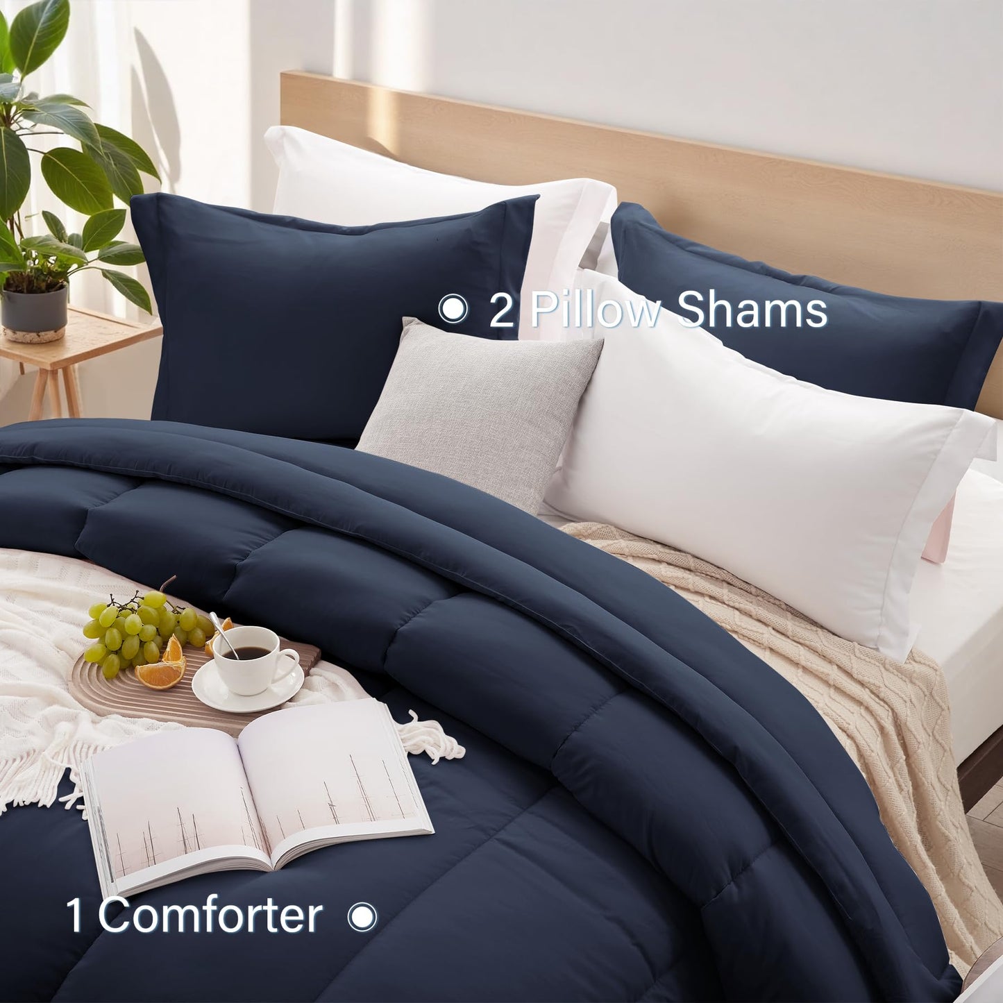 SunStyle Home Queen Comforter Set - 3 Pieces Reversible Comforters Queen Size, Lightweight Bedding Sets with 1 Down Alternative Comforter and 2 Pillow Shams for All Seasons,Navy Blue