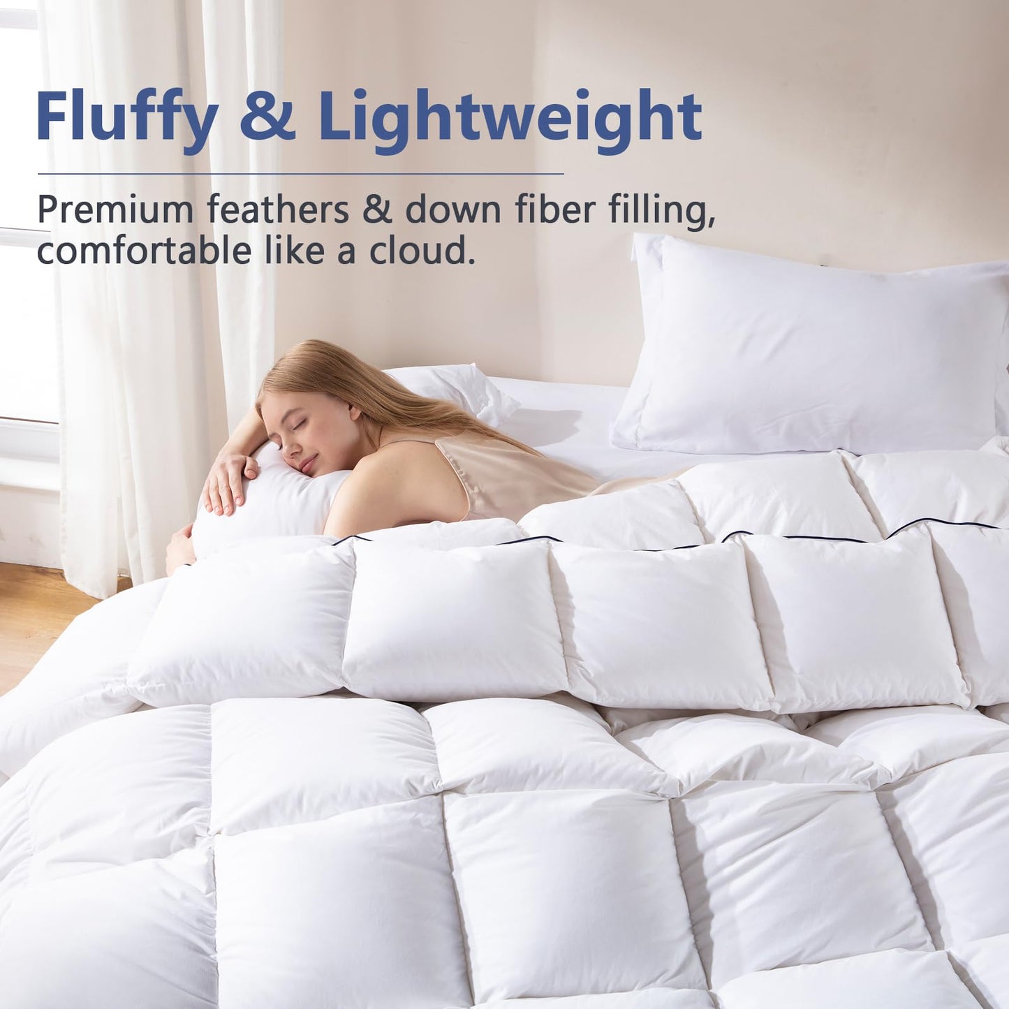 DOWNCOOL Feather Comforter King Size, 100% Cotton Cover Ultra Soft Fluffy Duvet Insert King, All Season Luxurious Hotel Bedding Comforters with Corner Tabs, White 106"x90"