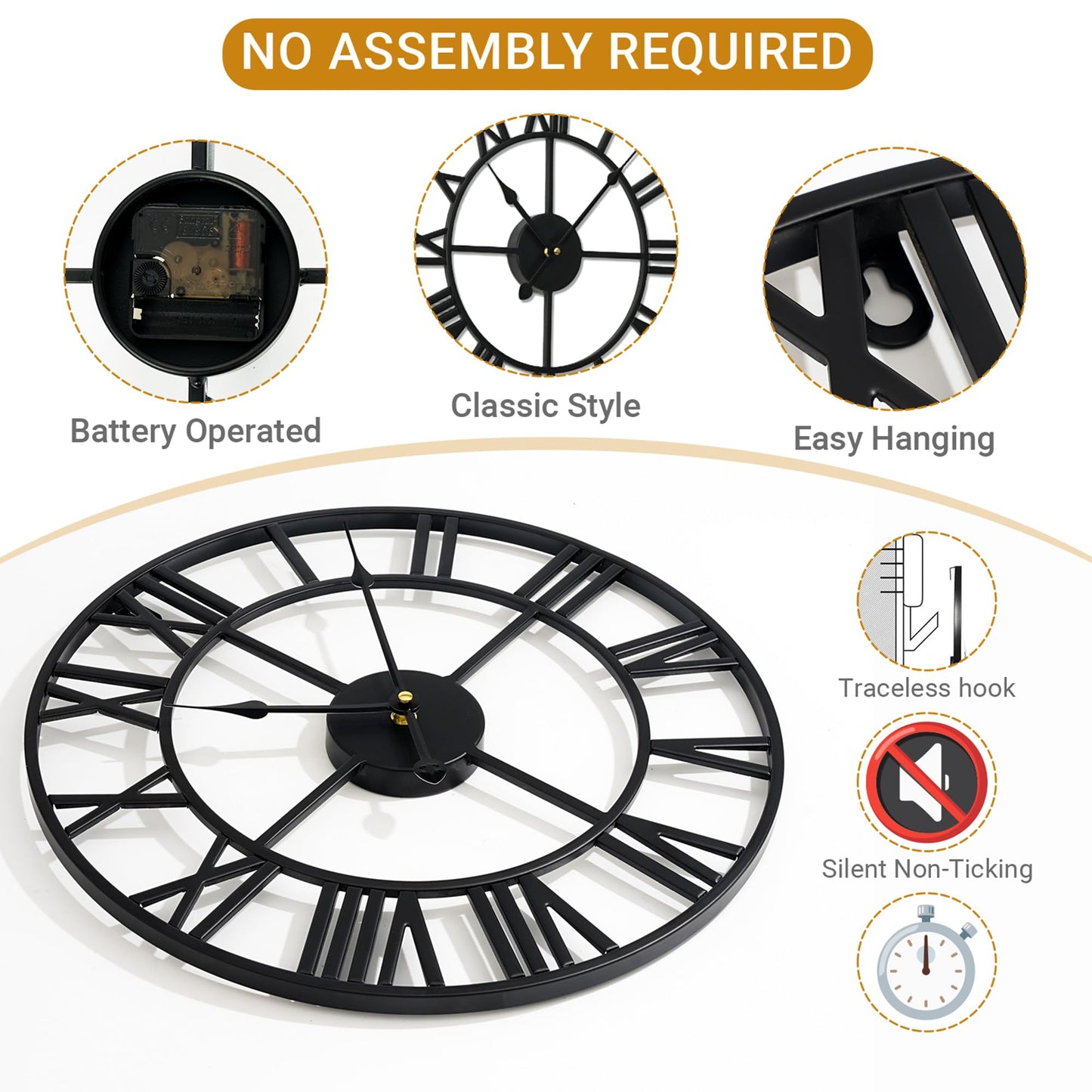 Blorple 20inch/50cm Large Wall Clocks for Living Room Decor,Modern,Battery Operated,Silent,Non Ticking,Big Black Round wall Clock for Home,Farmhouse,Office,Decoration(Iron Roman Numerals, 20 inches)