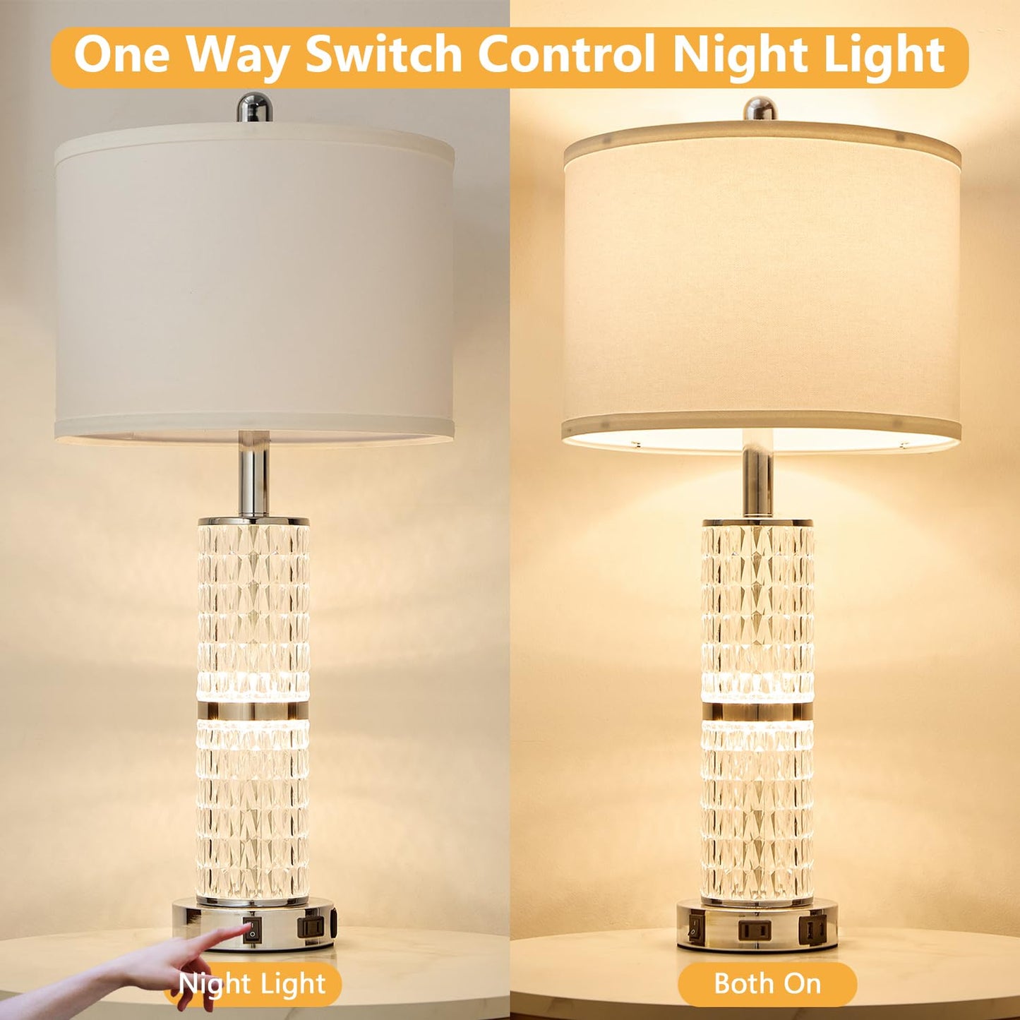 SAIWEYA Crystal Table Lamps Modern 3-Way Dimmable Bedside Lamp with 2 USB Ports & AC Outlets for Living Room Bedroom Nightstand Lamp Night Light