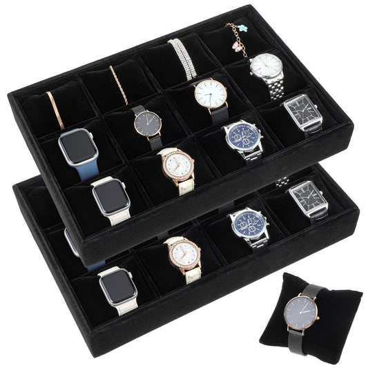 Tobeelec 2 Pcs Velvet Watch Tray Jewelry Organizer, 12 Grid Stackable Velvet Watch Tray, Watch Display Velvet Tray Watch Bracelet Bangle Display Holder Adjustable Pillow