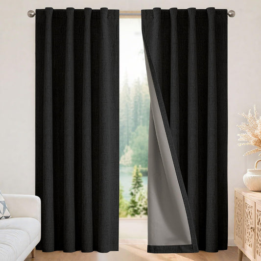 Joydeco Blackout Curtains for Bedroom - 72 Inch Long 100% Light Blocking 2 Panels Set Black Drapes, Thermal Insulated Room Darkening Curtains, Linen Textured for Living Room, Rod Pocket & Back Tabs