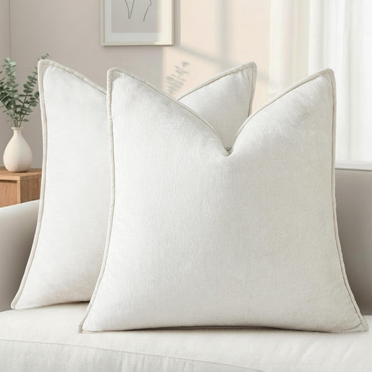 decorUhome Summer Couch Euro Sham Throw Pillow Covers 24x24 Set of 2, Decorative Soft Velvet Modern Cozy Chenille Pillow Cases with Elegant Design for Sofa Bed Living Room Home Decor, Cream White