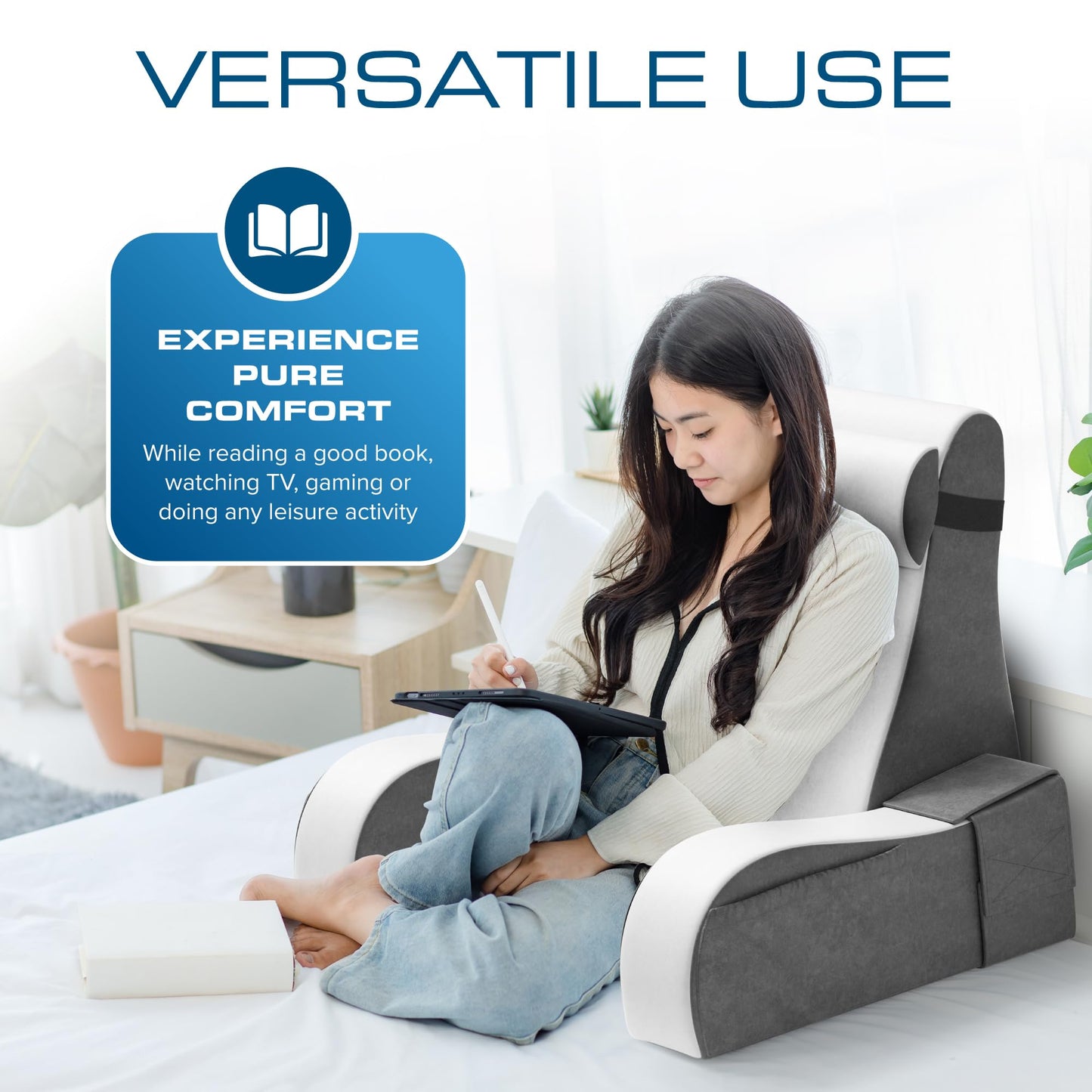 Kölbs Wedge Reading Cushion, Back Pillow for Bed Sitting Up, Cushion with Arms for TV Book Gaming Dorm Rooms, Backrest (Grey/White, Standard)