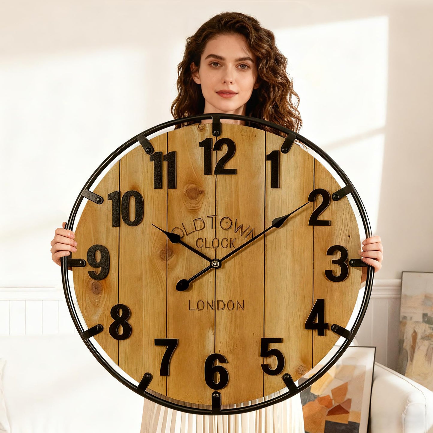 Vantic Farmhouse 30 Inch Extra Large Decorative Wall Clock with Metal Circlee, Oversized Wood Wall Clock with Large Arabic Numeral for Living Room, Bedrooms and Offices, Silent and Battery Operated