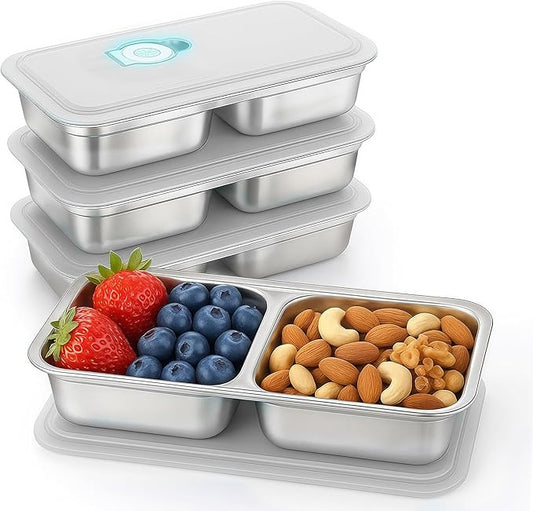 BSTUR 4Pcs 304 Stainless Steel Snack Containers, 30 oz 2 Compartments Portable Food Storage Bento Boxes with Leakproof Lids, Divided Meal Prep Lunch Box Food Container Dishwasher Safe